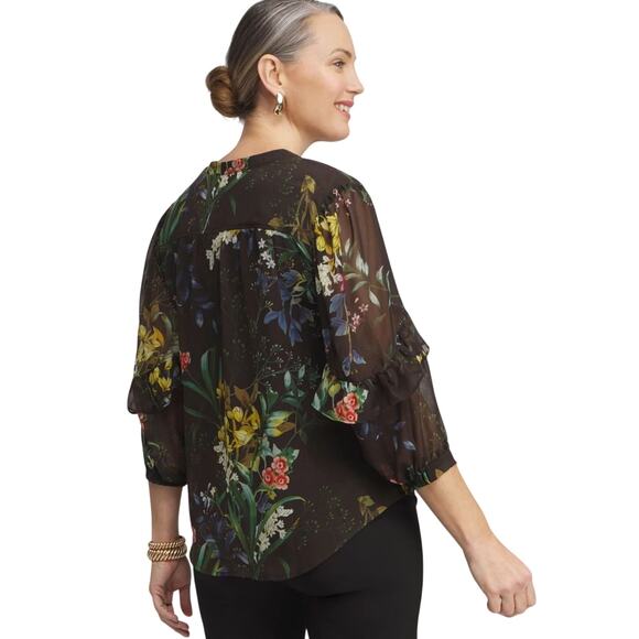 Chico's Chiffon Floral Ruffle Sleeve Ikat Blouse 18 - Picture 5 of 12